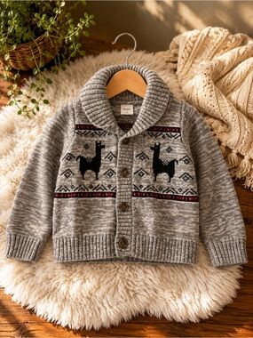 Old Navy Toddler Llama Fair Isle Shawl Collar Cardigan Sweater 12-18M Gray